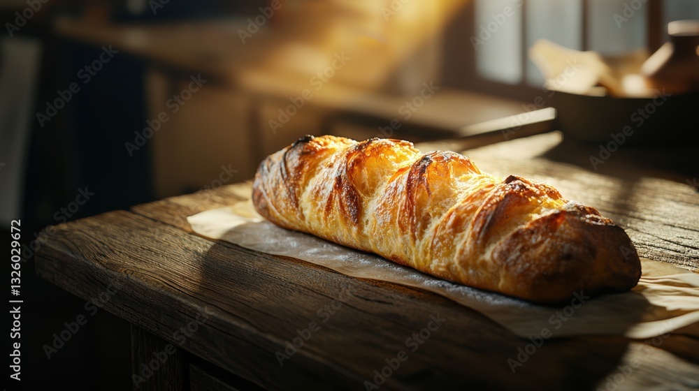 Poster freshly baked bread resting on a rustic wooden table with warm lighting highlighting its texture and