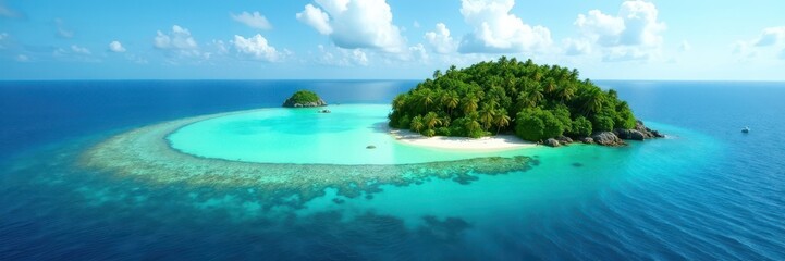 Fototapeta premium Tropical archipelago, turquoise water, lush vegetation, drone, photography