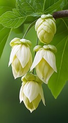 Obraz premium Elegant Pale Yellow Flowers Hanging From Green Leaves