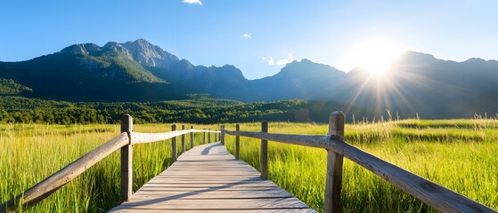 Fototapeta premium Breathtaking sunrise over mountain landscape nature reserve photography open fields wide angle serenity and beauty