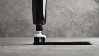A tube of black toothpaste is carefully squeezing out a white stream onto a sleek black toothbrush. The textured gray surface adds a modern touch to the morning routine