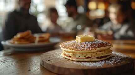 Fluffy pancake with butter and sugar amidst a family breakfast scene