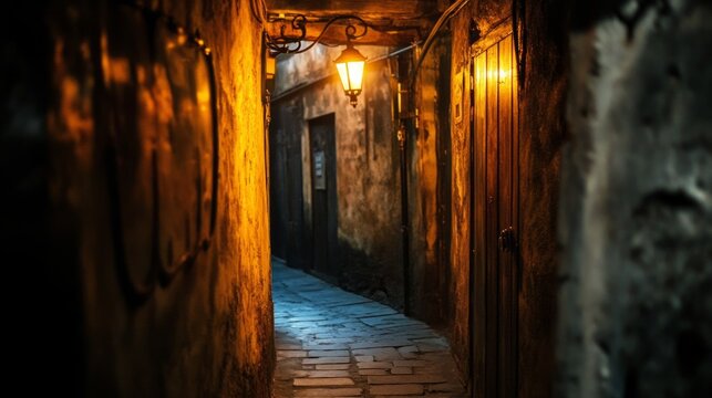 Narrow Cobblestone Alleyway with Warm Lanterns and Textured Walls