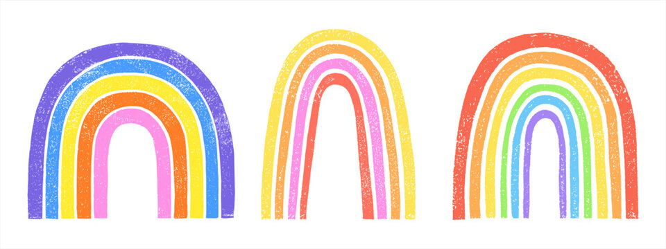 Linocut, lino ink rainbow arch hand printed vector set. Textured grungy scuffed grainy uneven colorful stripes, LGBTQ Gay pride illustration, text background, t-shirt print creative template. 