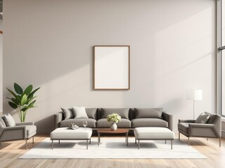 A modern living room with a blank wall ready for personalized art mockups and vibrant prints, contemporary, design, creativity