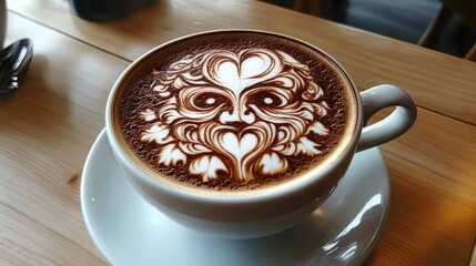 A cup of hot cappuccino with intricate latte art on a white ceramic saucer digital