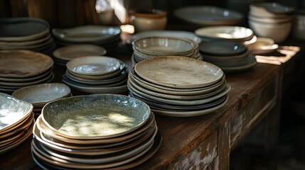 A collection of antique ceramic plates stacked in a rustic kitchen, soft natural light. digital