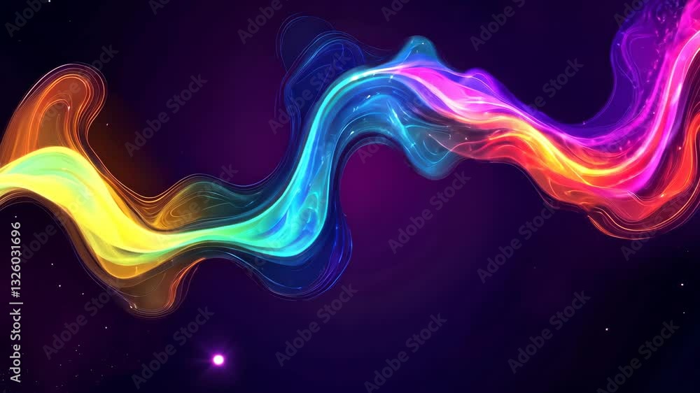 Poster dynamic neon waves flowing in a cosmic background with glowing particles and vibrant energy