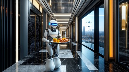 A sleek, intelligent service robot is delivering a breakfast tray in a luxurious hotel hallway, showcasing the potential of AI in the hospitality industry for enhanced guest experience and automated s