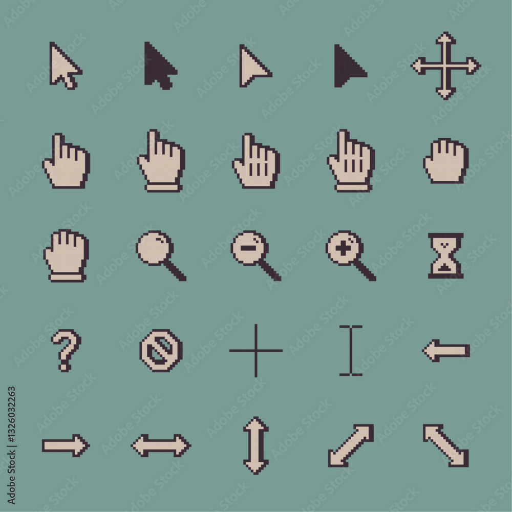 Poster pixel art computer cursor icons set, retro pixel cursor icon collection, vintage pixelated computer 