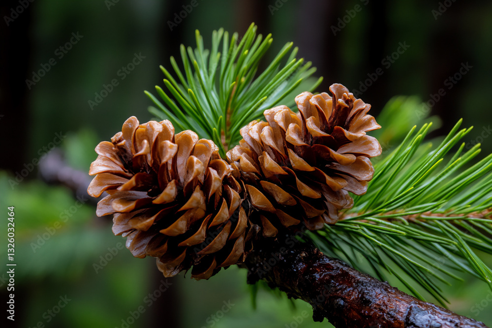 Poster a close-up of an evergreen tree with small,