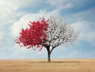 A tree with one side full of blossoms and the other bare branches, symbolizing duality
