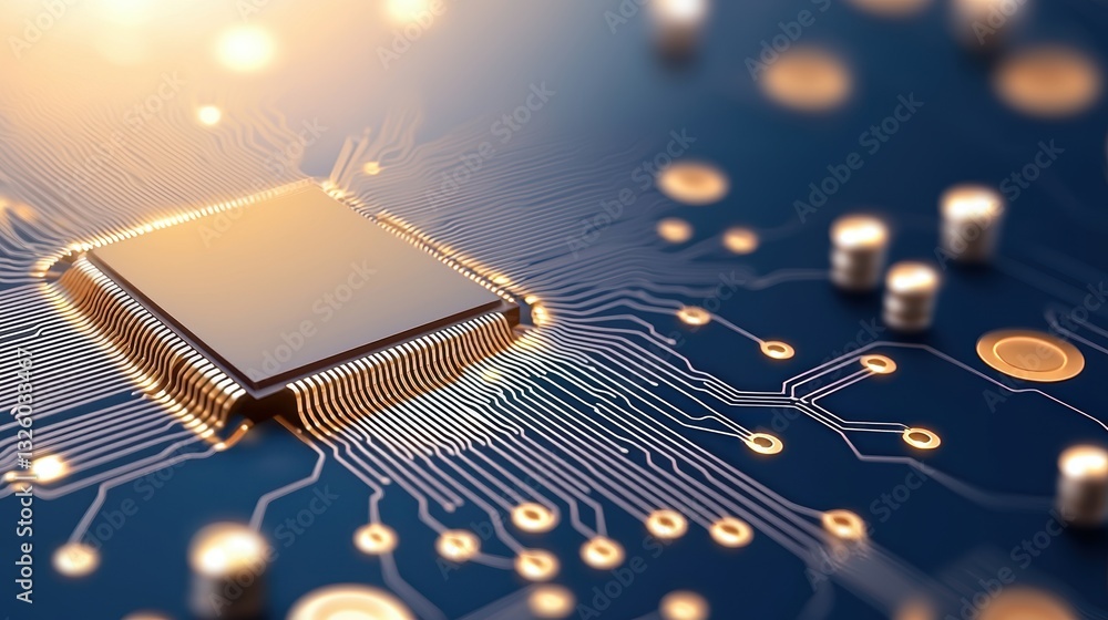 Aufkleber a close-up of a microchip on a circuit board, showcasing intricate circuitry and glowing connections