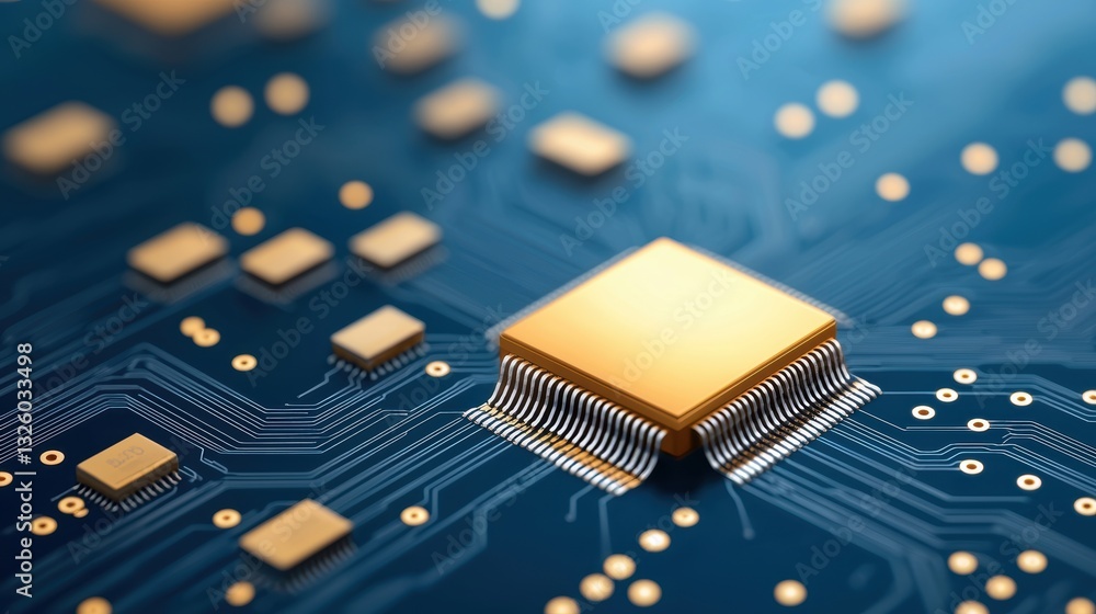 Poster a close-up view of a microchip on a blue circuit board, showcasing intricate details and electronic 