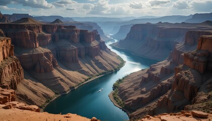 Majestic Grand Canyon with a Serene River and Boat