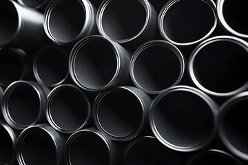Close-up of glossy black metal pipes stacked against a black background, showcasing intricate details and cinematic lighting in a super-realistic, high-resolution industrial design concept.