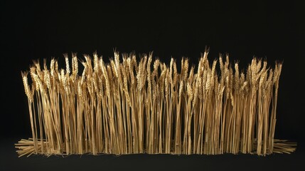 Golden wheat stalks arranged against a black backdrop creating a striking visual of agricultural beauty and harvest symbolism