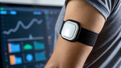 healthcare technology biotech biosensors, Wearable fitness tracker on arm with data display in background.