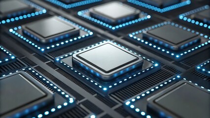 healthcare technology biotech biosensors, Close-up of microchips with blue LED lights on a circuit board.