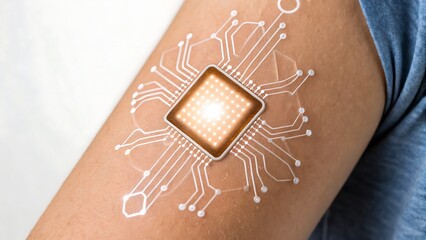 healthcare technology biotech biosensors, Innovative technology tattoo resembling a circuit board on skin.