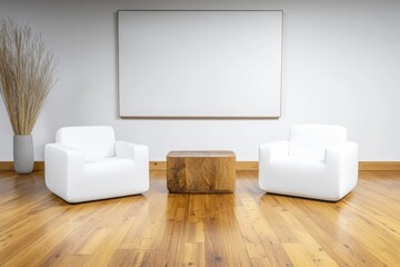 Modern Minimalist Living Room with White Chairs and Wooden Table