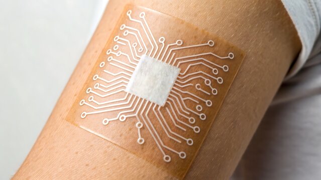 healthcare technology biotech biosensors, Smart skin patch with embedded technology on a person's arm.