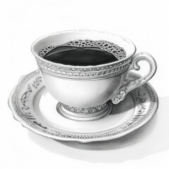 A finely crafted porcelain cup filled with rich dark coffee sits elegantly on a decorative saucer. The bright setting enhances the intricate details of the cup and saucer