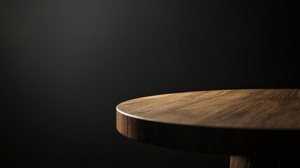 Empty round wood table on dark wall background. Wooden rustic podium. Oak nature stand product display. Modern minimal cosmetic design