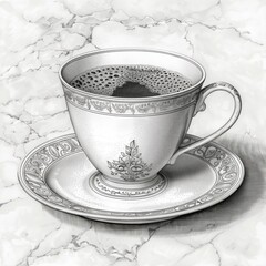 A beautifully detailed coffee cup sits on an ornate saucer atop a sleek marble surface. The rich dark beverage inside radiates warmth in a peaceful morning atmosphere