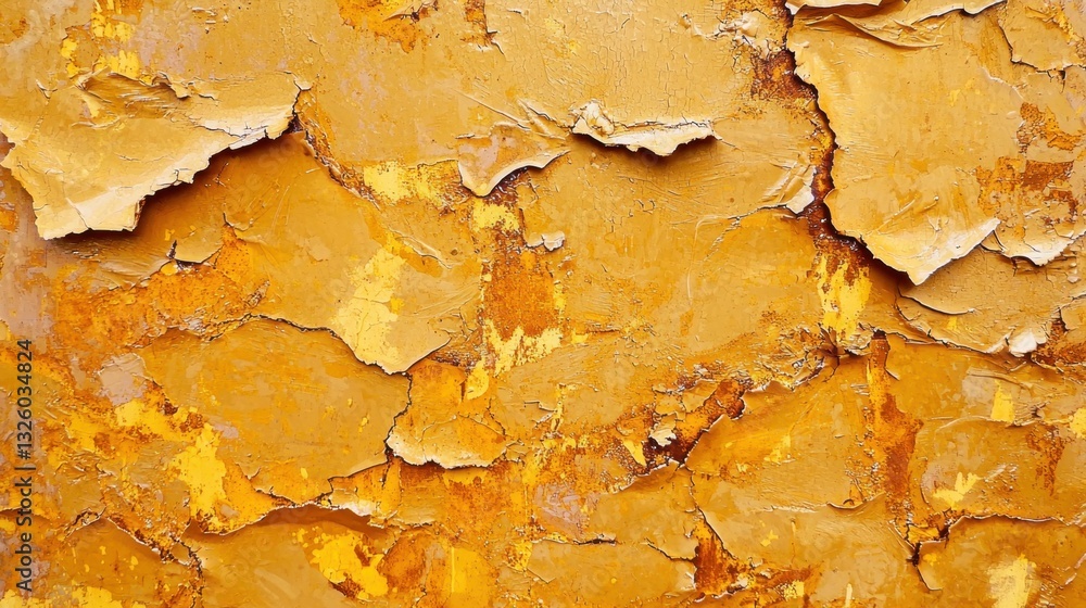 Poster textured abstract background showcasing rich yellow and orange hues with layers of peeling paint, pe
