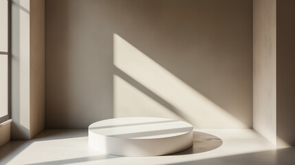 Sleek white podium surrounded by soft shadows and minimalist on beige background.