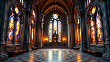 Obraz premium An expansive cathedral with stained glass windows, wooden benches, and tall columns.