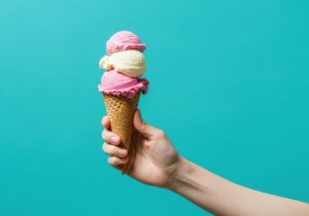 Hand holding a delicious ice cream cone with pink and white scoops