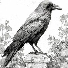 A detailed illustration depicts a raven standing on a weathered stone pedestal. The bird's striking feathers contrast with the surrounding intricate floral designs in monochrome tones
