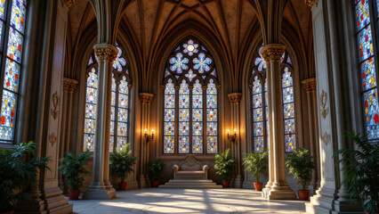 Fototapeta premium Grand cathedral interior with stained glass windows and arches.