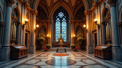 Obraz premium Stately cathedral interior with ornate architecture, stained glass windows, and grand altar.