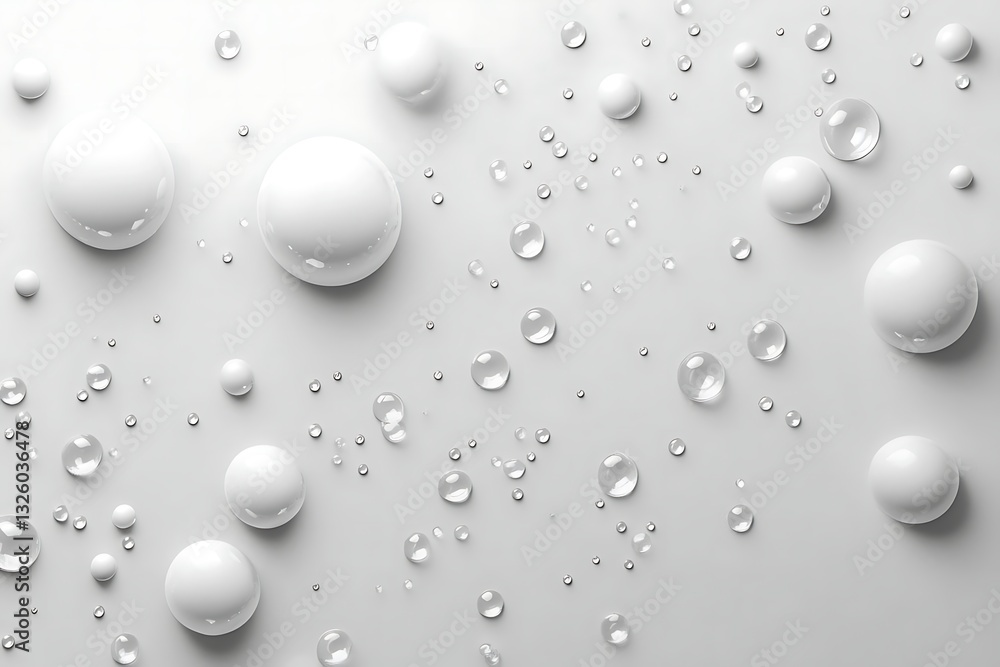 Poster 3d render of white bubbles on a grey background, viewed from above, creating a soft and modern aesth