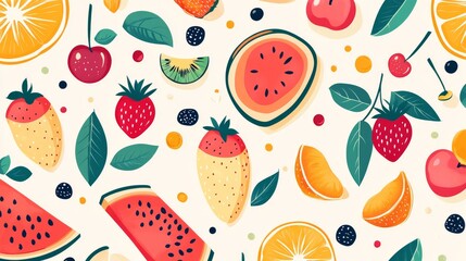 31.Abstract geometric background. Set of icons in simple flat style. Seamless pattern. Fresh organic food. Fruits, leaves and berries. Watermelon, cherry, strawberry and orange slices. Vector