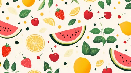 31.Abstract geometric background. Set of icons in simple flat style. Seamless pattern. Fresh organic food. Fruits, leaves and berries. Watermelon, cherry, strawberry and orange slices. Vector