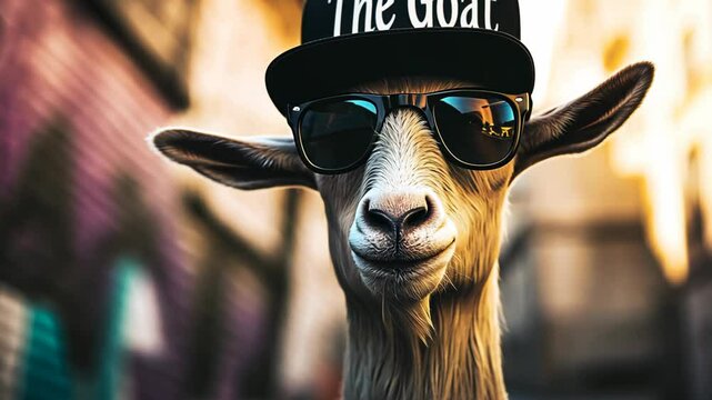 goat wearing hat with word "The Goat" on it, idea for slang GOAT great of all time, funny meme