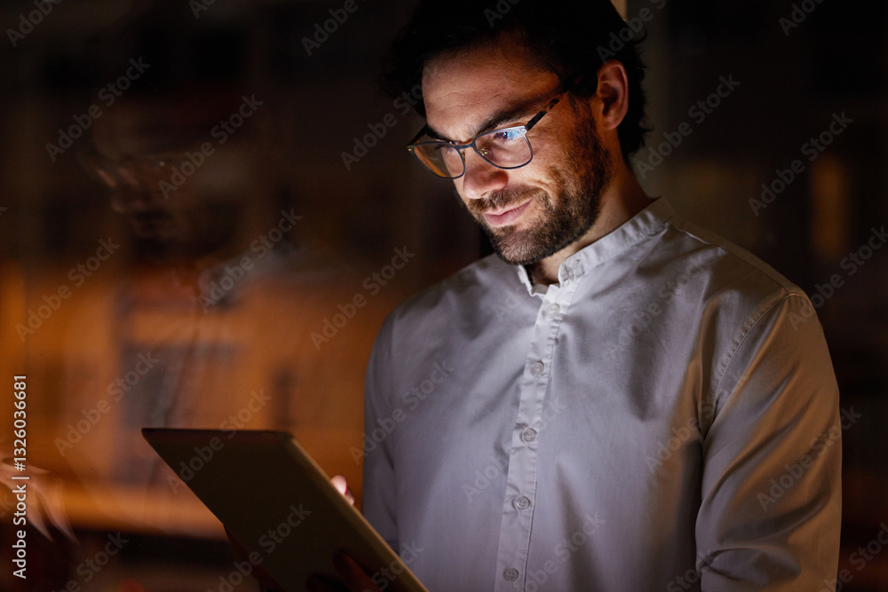 Poster reading, night and business man on tablet for research project, online website and planning. company