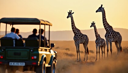 Safari tour vehicle observing majestic giraffes at sunset in the African savanna
