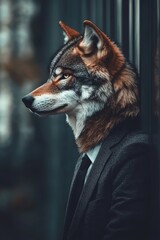 Anthropomorphic Wolf in Suit, Animal Human Hybrid, Dark Art Portrait, Conceptual Artwork