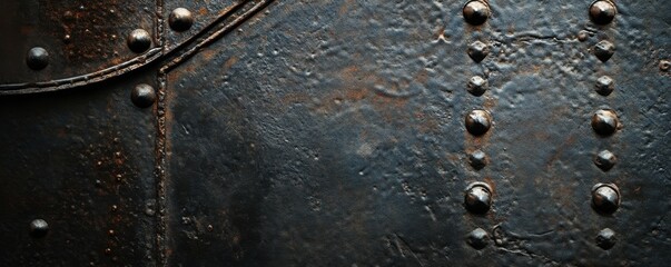 A close-up of a dark metal surface with rivets and a textured pattern.
