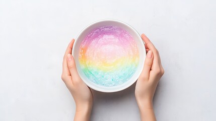 A pair of hands holds a colorful bowl featuring a gradient of pastel hues, creating a serene and artistic presentation.