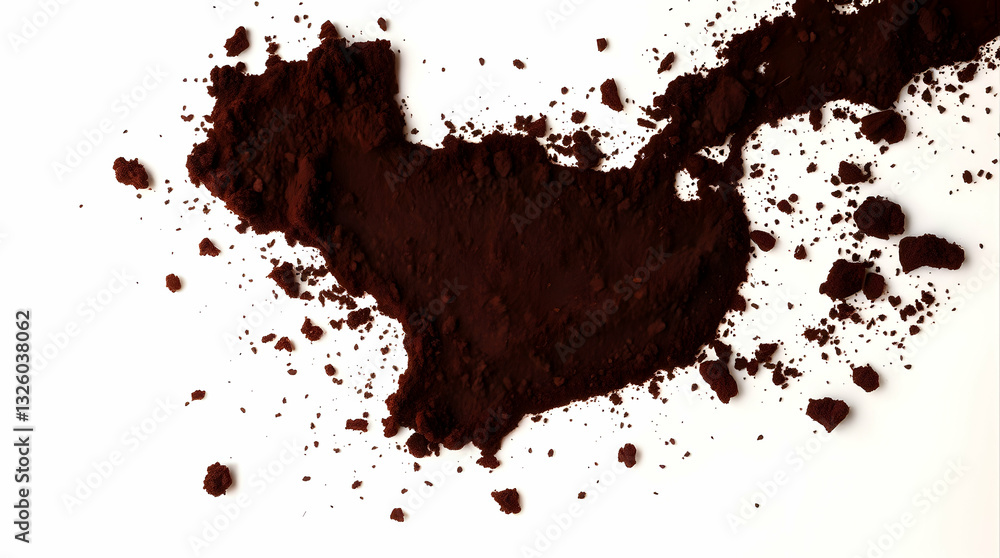Poster dark brown powder spill on a white surface, creating an abstract shape with splatters and texture, r