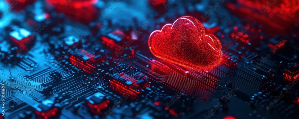 Poster a close-up of glowing red cloud icons over a blue circuit board, representing the concept of cloud c