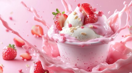 117.A premium dessert ad featuring a cup of creamy strawberry gelato, highlighted by vibrant milk splashes and juicy strawberry toppings, with a subtle gradient background adding depth.