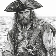 A pirate captain stands confidently against a backdrop of open water. His intense gaze and rugged features reveal his experience and command over the sea