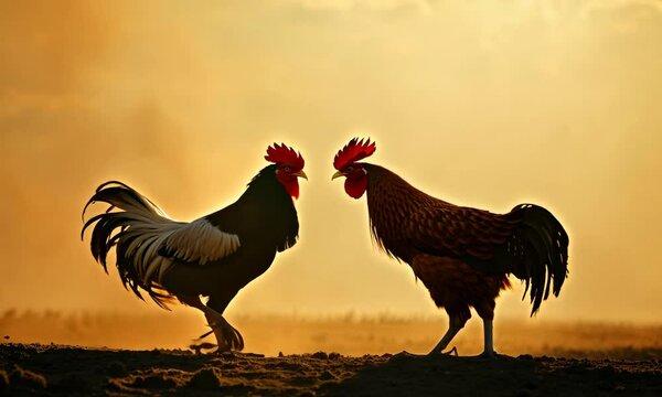 Rooster fighting with chicken